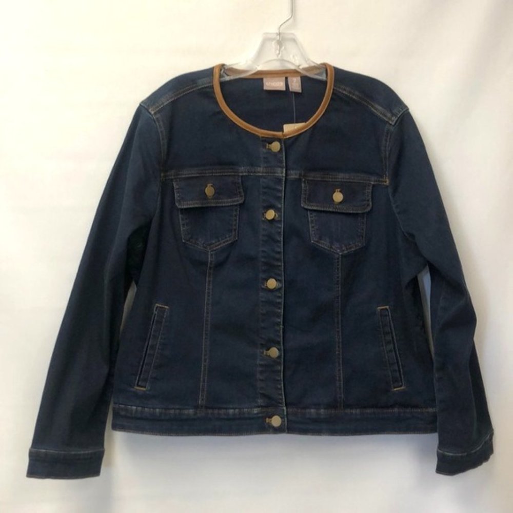 Chico's Faux Leather Trim Denim Jacket Chicos 2 ML NWT